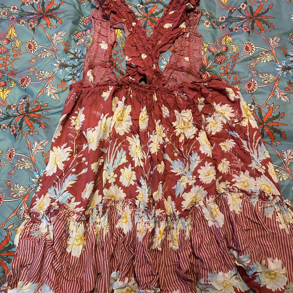 Free People Soft Red and Pale Yellow Floral Sundress/(Cover-up/Nightie) - Picture 4 of 8